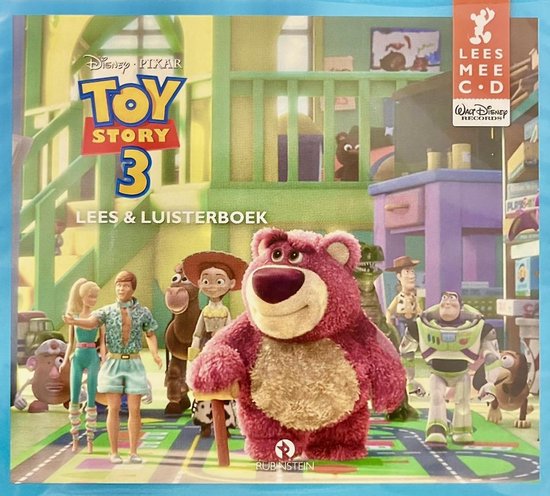 De cover van het Disney Pixar Toy Story 3 lees- en luisterboek met Lotso, Woody, Buzz Lightyear, Barbie en andere personages.