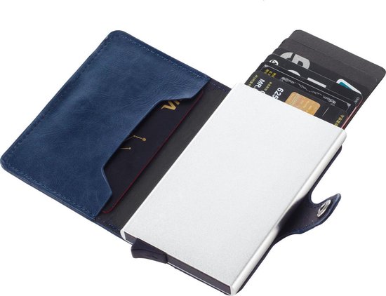 Statch Portemonnee Luxe Uitschuifbare Pasjeshouder van Aluminium & Leer - Creditcardhouder / Kaarthouder voor mannen en vrouwen - Anti-Skim / RFID Card Protector tot 13 Pasjes - Blauw - Statch
