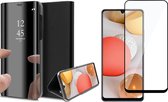 Samsung A42 Hoesje en Samsung A42 Screenprotector - Samsung Galaxy A42 Hoesje Spiegel Book Case Cover Hoes Zwart + Screen Protector Glas Full