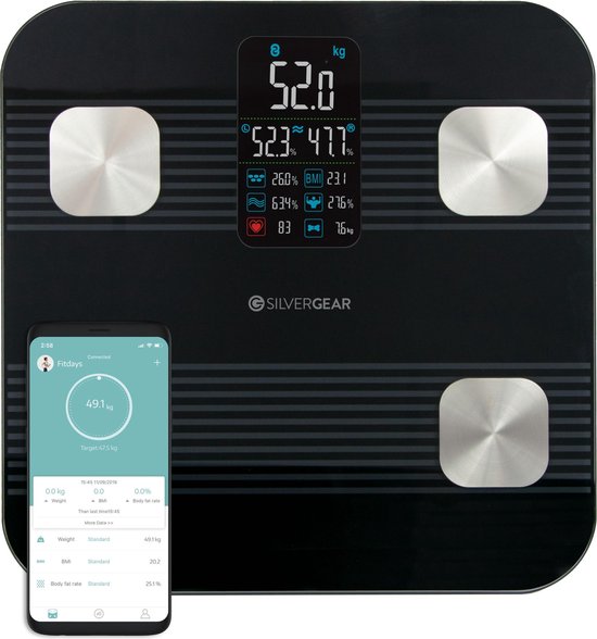 Silvergear Premium Slimme Weegschaal met Hartslagmeter – 17x Lichaamsanalyse Metingen Gratis App Zwart