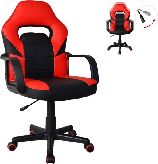 Zwart met rode gaming bureaustoel, vooraanzicht met ingevoegde detailfoto's.
