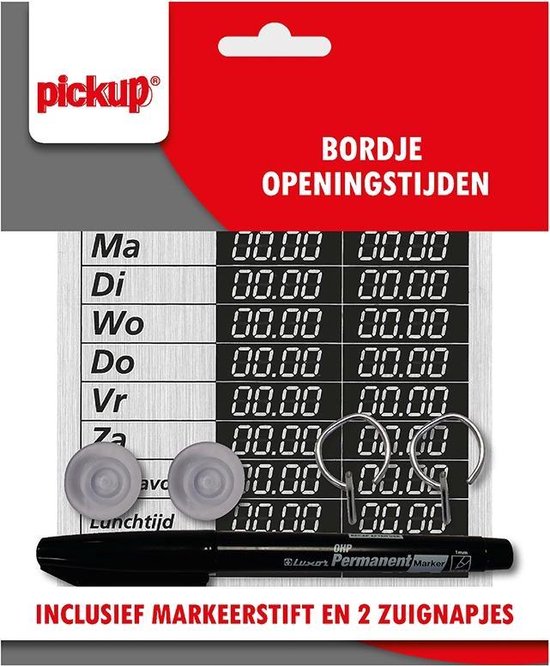 Pickup bord Openingstijden - Met stift en 2 zuignapjes - 12,5x17 cm