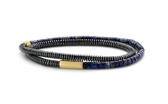 Frank 1967 7FB-0496 Heren Armband - Wrap - Kralen - Lapis lazuli - Hematite - Stalen Elementen - 21 cm - Blauw - Goudkleurig