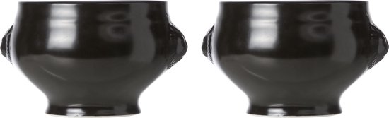 Set van 6x stuks zwarte soepkommen leeuwkop van porselein 11 cm rond - Soepbekers/soepkommen
