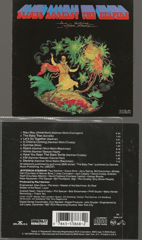 Albumcover met de tekst "Blows Against The Empire" en een illustratie van een man te paard, omringd door groen en rood.