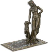 Beeld Brons Sculptuur, Cleopatra met Panter - decoratief - Naakte vrouw - 16,8 cm hoog