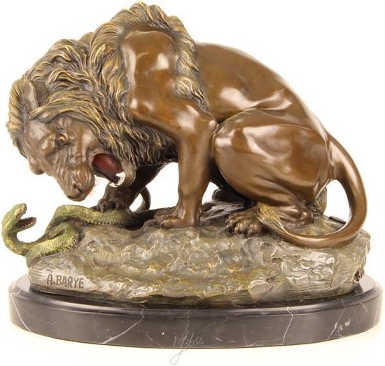 Beeld brons - Leeuw met Slang - decoratief - Dieren - 24 cm hoog