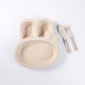Kinderservies - Kinderbord - Vakjesbord - Bord met vakken voor baby peuter en kleuter - Met lepel en vork - Duurzaam - Kraam cadeau - Konijn - Wit - 1 set