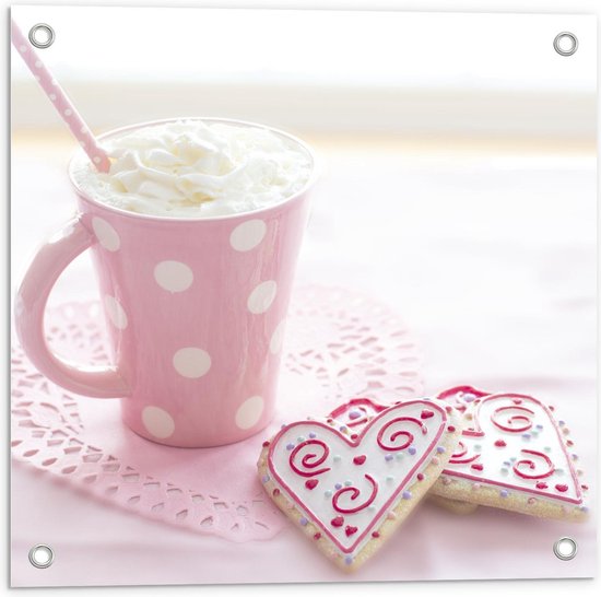 Tuinposter – Roze Mok met Chocolademelk met Slagroom - 50x50cm Foto op Tuinposter  (wanddecoratie voor buiten en binnen)