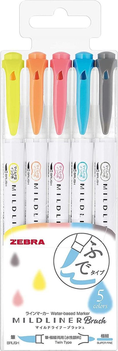 Zebra Mildliner - Brush pennen - Dubbelzijdig - Friendly kleuren - Set van 5