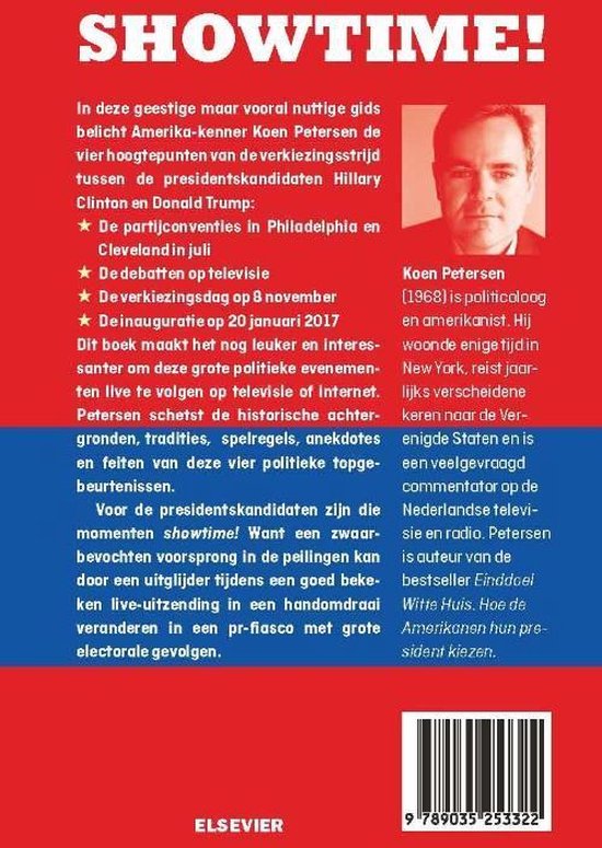 Achterkant van boek 'Showtime!' met portret van Koen Petersen en tekst over de inhoud.