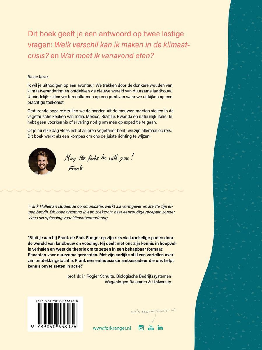 Achterpagina van het boek Fork Ranger met tekst en een foto van Frank.