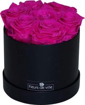 Fleurs de ville - Flowerbox met longlife rozen - Lang houdbare, echte rozen in doos - Gevriesdroogde rozen - 7 rozen - Ronde doos zwart - Fuchsia