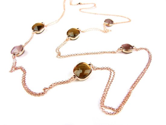 Zilveren halsketting collier halssnoer roos goud verguld Model New Trend met bruine stenen