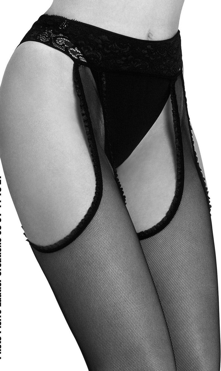 Clio Panty - Open Kruis - Strip Panty - Fine Mesh - Suspender Belt - Naad - Kanten boord - T1/2 - S/M - Zwart