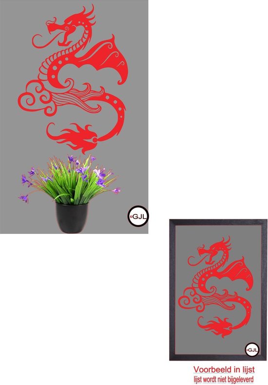 Muursticker - raamsticker Chinese draak - dragon - dier - dieren - draken - beesten - kleur rood