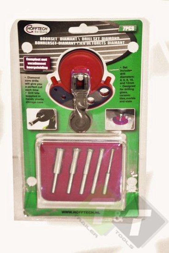 HOFFTECH diamant boorset, 7 stuks. Inclusief 5 diamant boren en een boorhouder met zuignap.