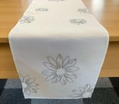 Tafelkleed serie - Linnenlook - Off-White met grijze bloemen - Loper 140 cm