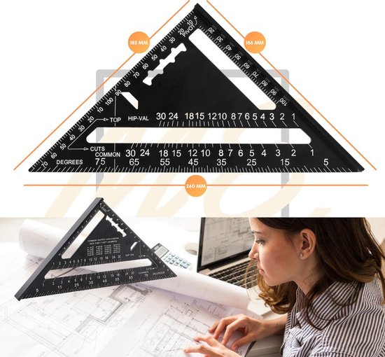 Omnium - Carré - Driehoek métrique - Speed Square - Crochet d'écriture - Crochet de bloc - Crochet à onglet - Triangle de mesure 5 en 1 - Zwart