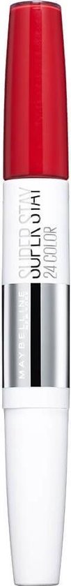 Dubbelzijdige lipstick met rode dop en witte basis. Met "SUPER STAY 24 COLOR" opdruk.