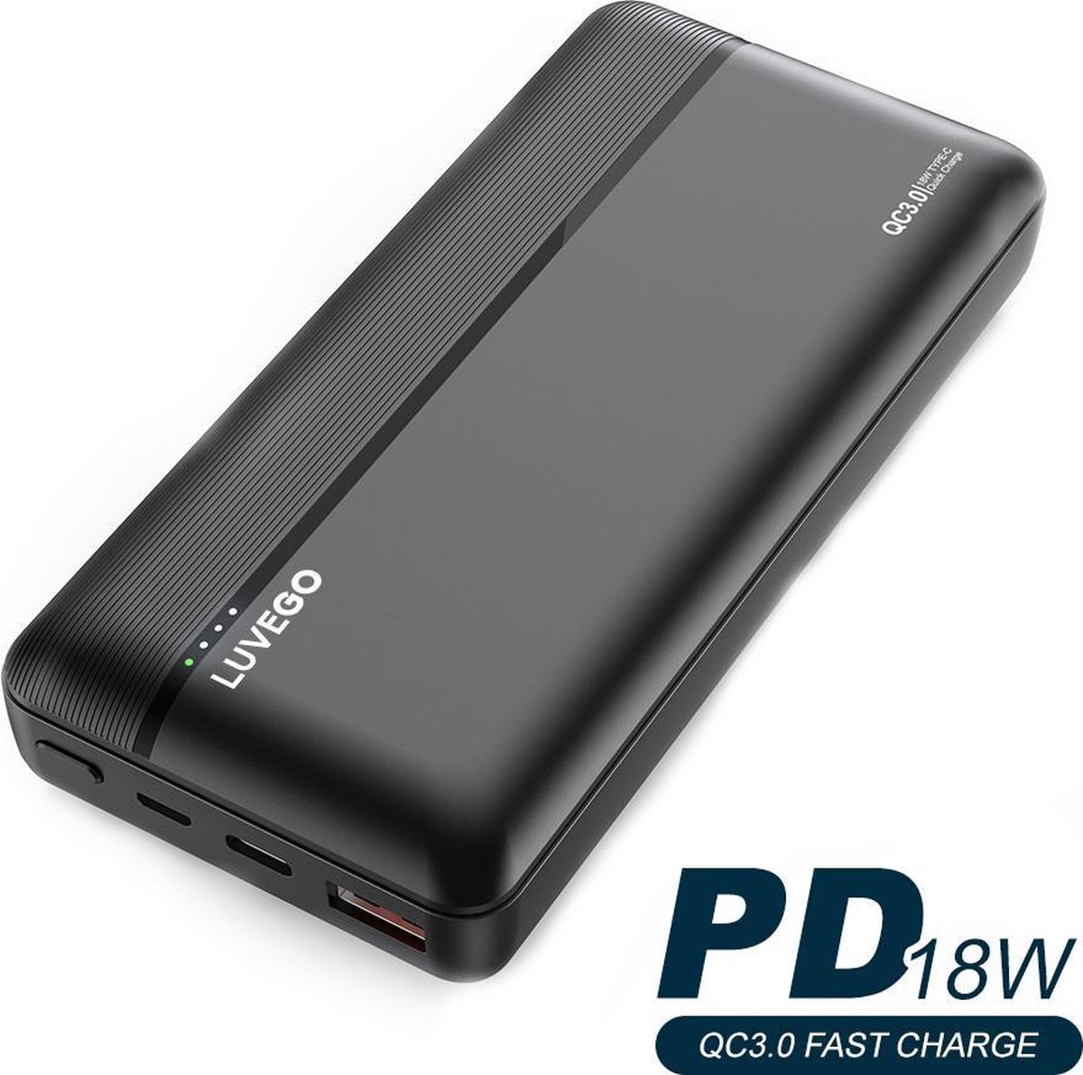 LUVEGO 20000 mAh Powerbank - USB, USB-C én Micro-USB aansluiting met snelladen - Quick Charge (QC 3.0) & Power Delivery (PD) - Externe batterij powerbank voor smartphones en tablets