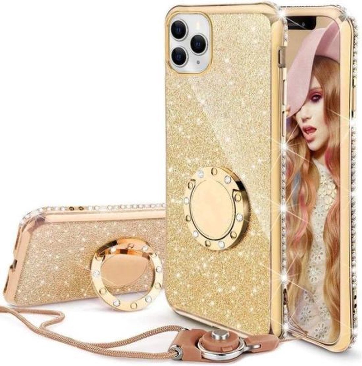 Apple iPhone 12 Back Cover Telefoonhoesje | Glitter | Exclusief Ring Houder | Goud | TPU Hoesje