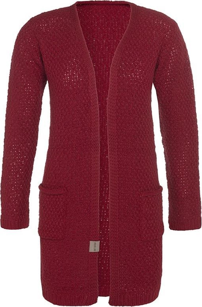 Knit Factory Luna Gebreid Vest Bordeaux - Gebreide dames cardigan - Middellang vest reikend tot boven de knie - Rood damesvest gemaakt uit 30% wol en 70% acryl - 40/42 - Met steekzakken