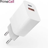 Snellader PrimeCell - FC39 wit- Oplader Iphone Samsung Fastcharger USB - USBc. 20W - dubbele output.