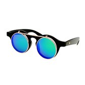 Retro Vintage Ronde Zonnebril Met Klepje Zwart - Blauw Groen Spiegelglazen