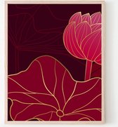 Poster Rood Gouden Lotus Links - 80x60cm - Planten / Bloemen - Muurdecoratie