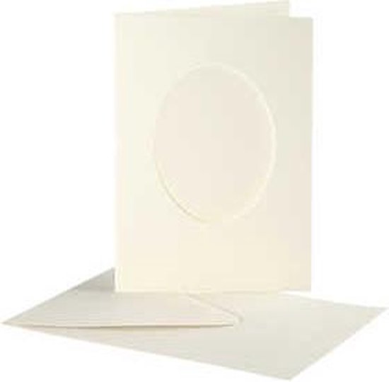 Passepartout kaarten , afmeting kaart 10,5x15 cm, afmeting envelop 11,5x16,5 cm, off-white, ovaal, 10sets, gatgrootte 6,5x8,8 cm