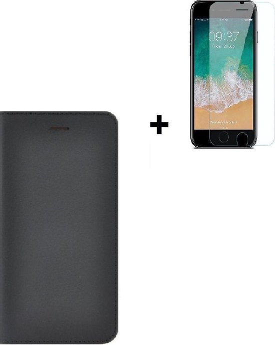 iPhone SE 2020 - Protecteur d'écran iPhone SE 2020 - iPhone 7 / iPhone 8 / iPhone 6 / 6s Bookcase Wallet Cover Étui portefeuille Ultra fin en cuir véritable Zwart + Protecteur d'écran