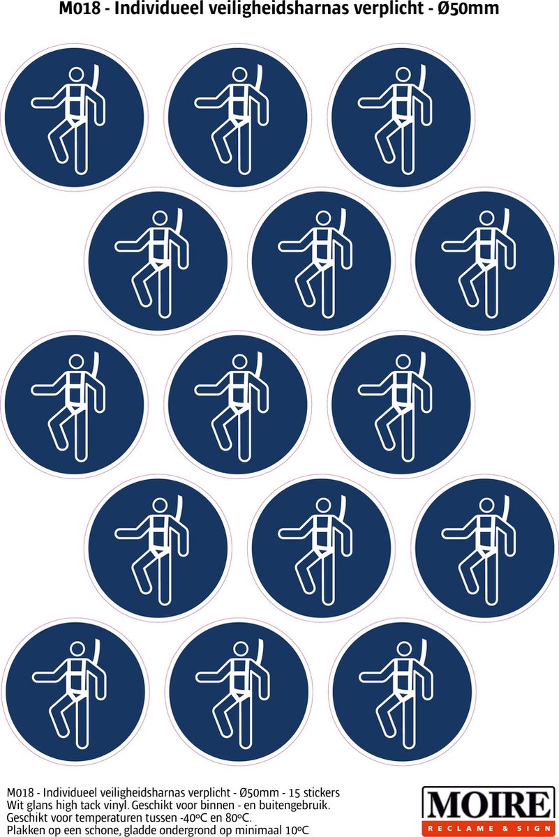 Pictogram sticker 75 stuks M018 - Individueel veiligheidsharnas verplicht - 50 x 50mm - 15 stickers op 1 vel