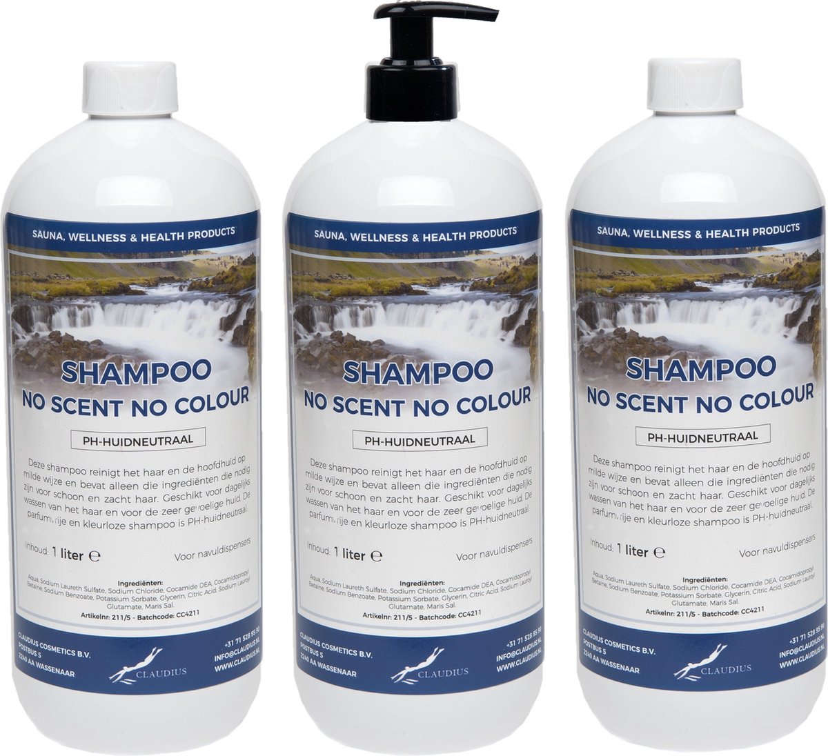 Shampoo No Scent No Colour - 1 Liter - set van 3 stuks - met gratis pomp
