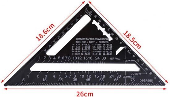 Omnium - Carré - Driehoek métrique - Speed Square - Crochet d'écriture - Crochet de bloc - Crochet à onglet - Triangle de mesure 5 en 1 - Zwart
