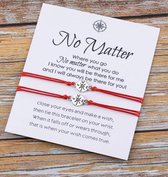 Vrienden armband - relatie - love - BFF - 2 stuks rood - hanger N-E-S-W - tekst No matter