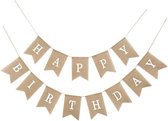Jute Vlaggenlijn - Happy Birthday (Witte Letters) - Slinger - Vlag - Banner - Zwaluwstaart | Vintage - Retro - Jarig - Verjaardag - Feest - Party | Natuurlijk materiaal - Linnen -