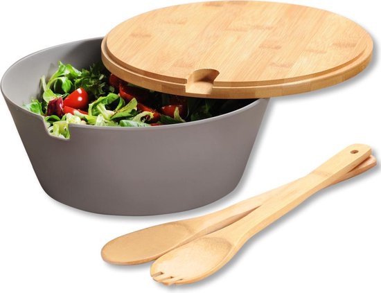 innovatie Delegeren zwaarlijvigheid Salade Schaal Ø26 Cm - Saladeschaal met FSC® Bamboe Deksel en 2 Salade  Lepels - Slakom... | bol.com