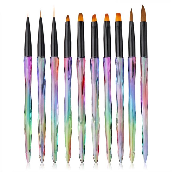 Elysee Beauty 10 Penselen set voor Nagel Gel, Acryl & polyfel - Regenboog Nagel kwasten - Nail art brush - Rainbow brush