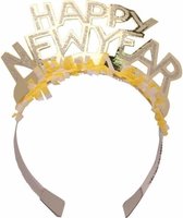 Haarband Happy New Year geel voor volwassenen - Diadeem hoofdband happy newyear