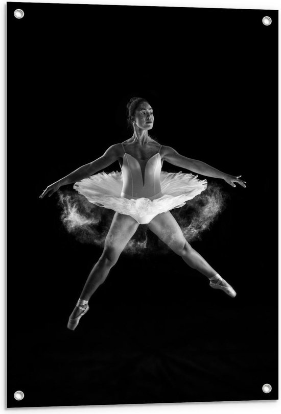 Tuinposter – Dansende Ballerina (zwart/wit) - 60x90cm Foto op Tuinposter  (wanddecoratie voor buiten en binnen)