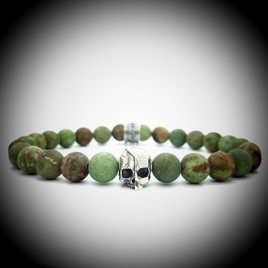 Natuursteen Armband met 925 Sterling Zilver Skull Bedel van 6.1gram Zilver , Handgemaakte Edelsteen Armband met 8mm (Matte Groene Opaal) kralen .