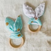 Babybeads - Bijtring konijnenoren - Turquoise met gouden stipjes