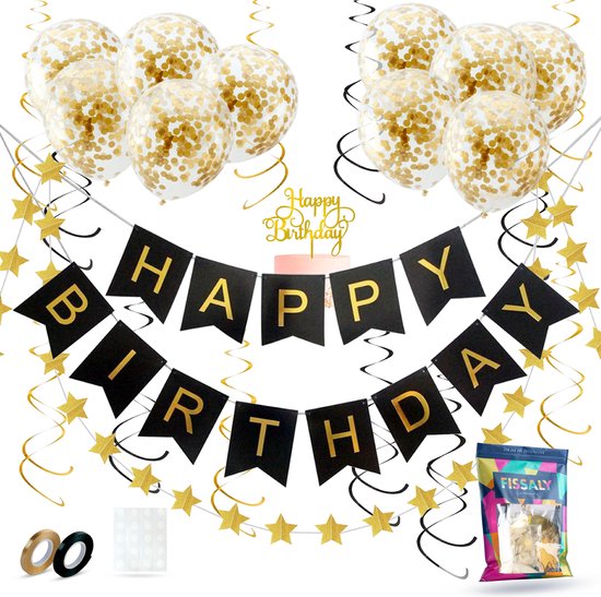 Fissaly® Verjaardag Slinger Zwart & Goud met Papieren Confetti Ballonnen – Decoratie – Happy Birthday cadeau geven