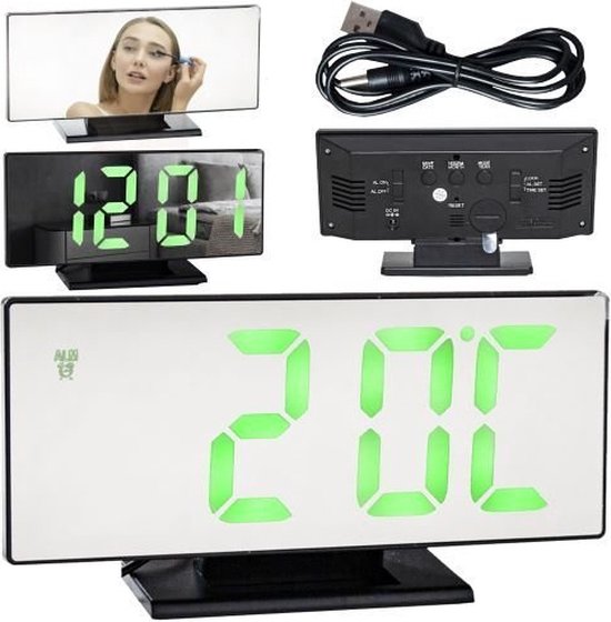 Multifunctionele Digitale - Spiegel klok met Wekker en Zwarte Thermometer - 4 in1