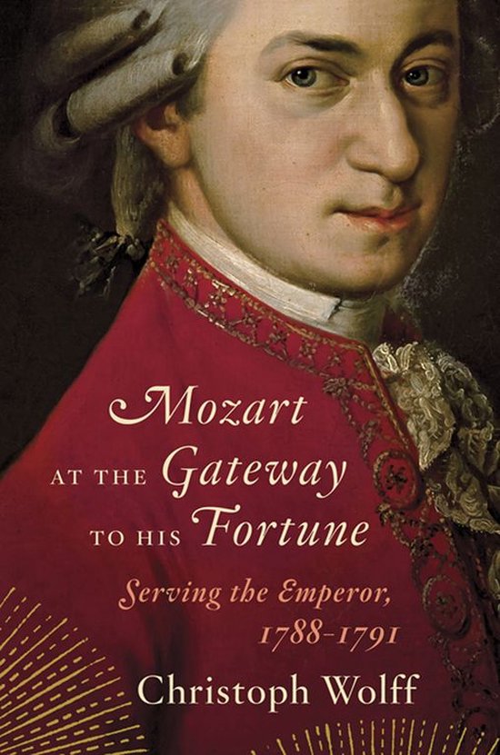 Boekomslag "Mozart at the Gateway to His Fortune" met een schilderij van Mozart in een rood jasje.