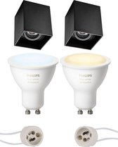 Pragmi Luxina Pro - Opbouw Vierkant - Mat Zwart - Verdiept - Kantelbaar - 90mm - Philips Hue - Opbouwspot Set GU10 - White Ambiance - Bluetooth - BES LED