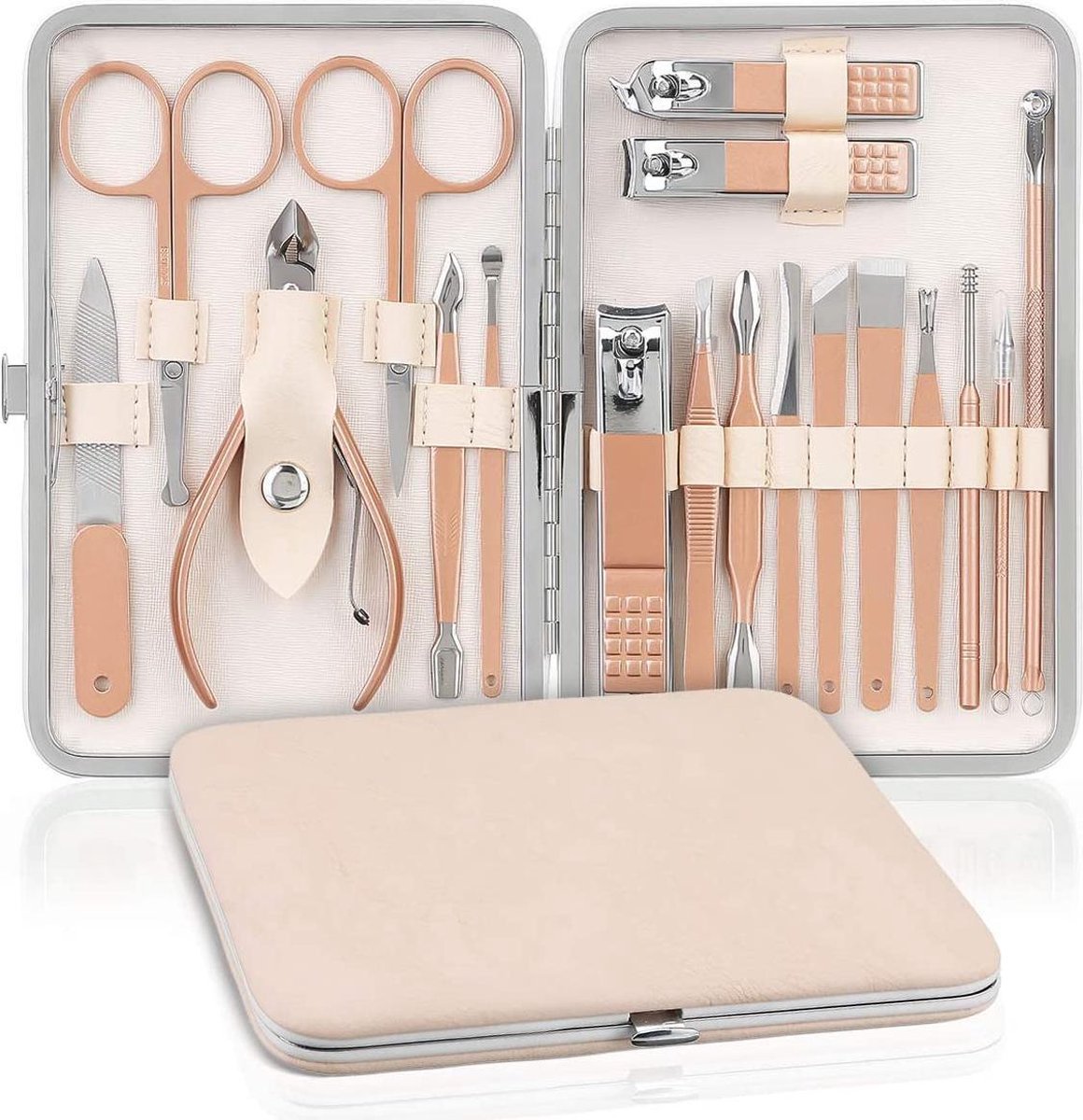 Luxe Manicureset / Pedicureset met Lederen Opbergetui Roze - 18 Delig - RVS Manicure Set - Pedicure Set Rose Gold