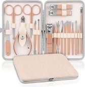 Luxe Manicureset / Pedicureset met Lederen Opbergetui Roze - 18 Delig - RVS Manicure Set - Pedicure Set Rose Gold