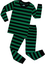 Elowel - Jongen en Meises Gestreepte Pyjama, 2 Delig, 100% Katoen, Comfortabel, Slim fit Broek | 7 Jaar | Groen en Zwart